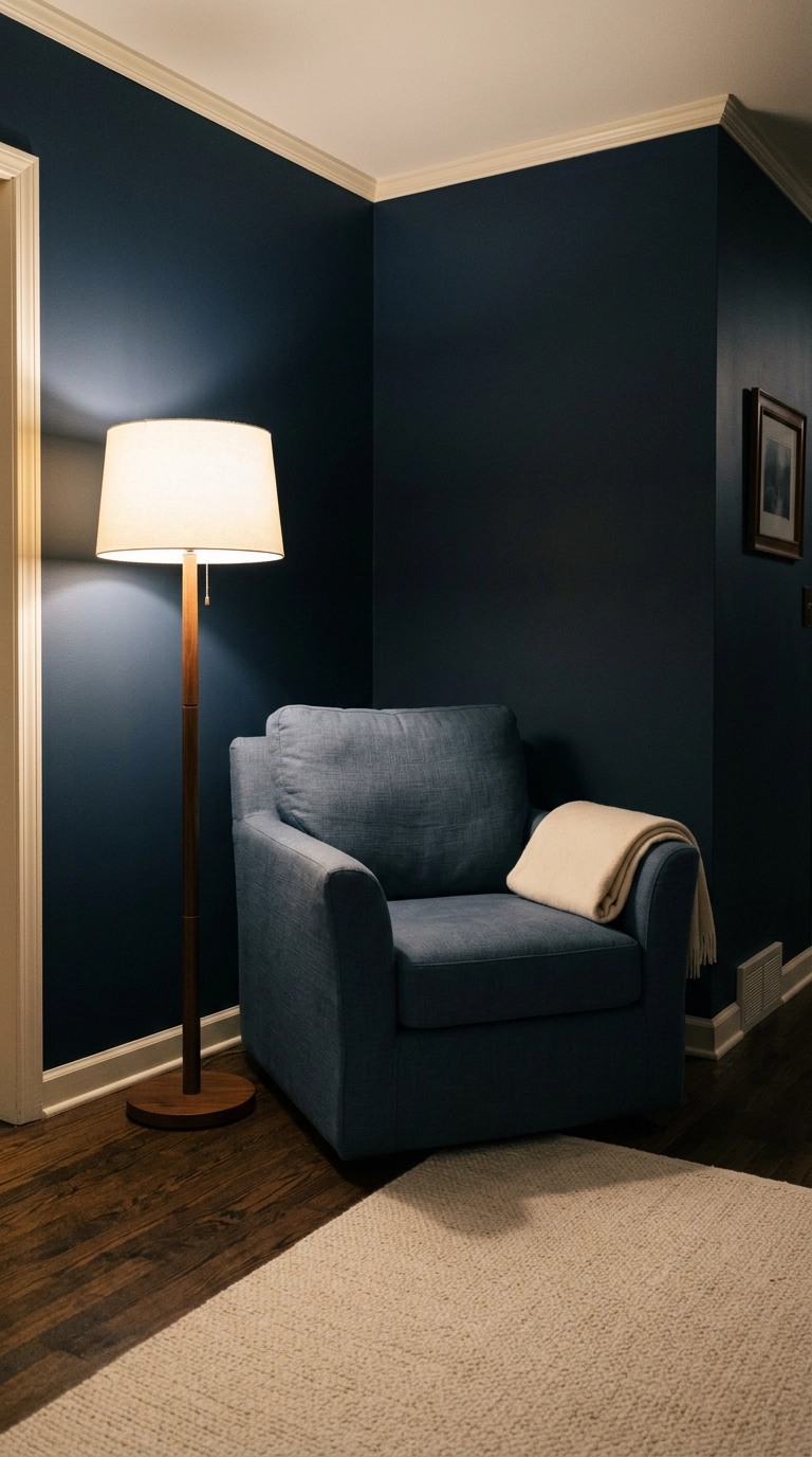 Slate blue armchair against a deep navy wall lit by a single warm floor lamp