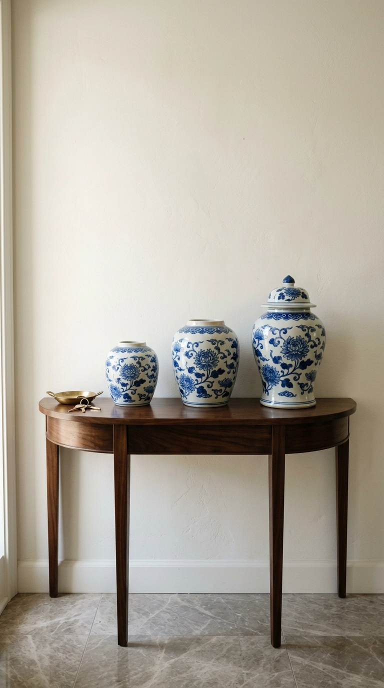 Three graduated blue and white porcelain ginger jars on a dark walnut entry console