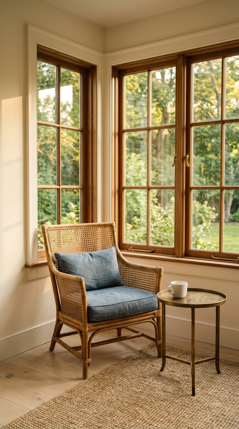 Rattan armchair with a slate blue cushion beside an aged brass table in golden light