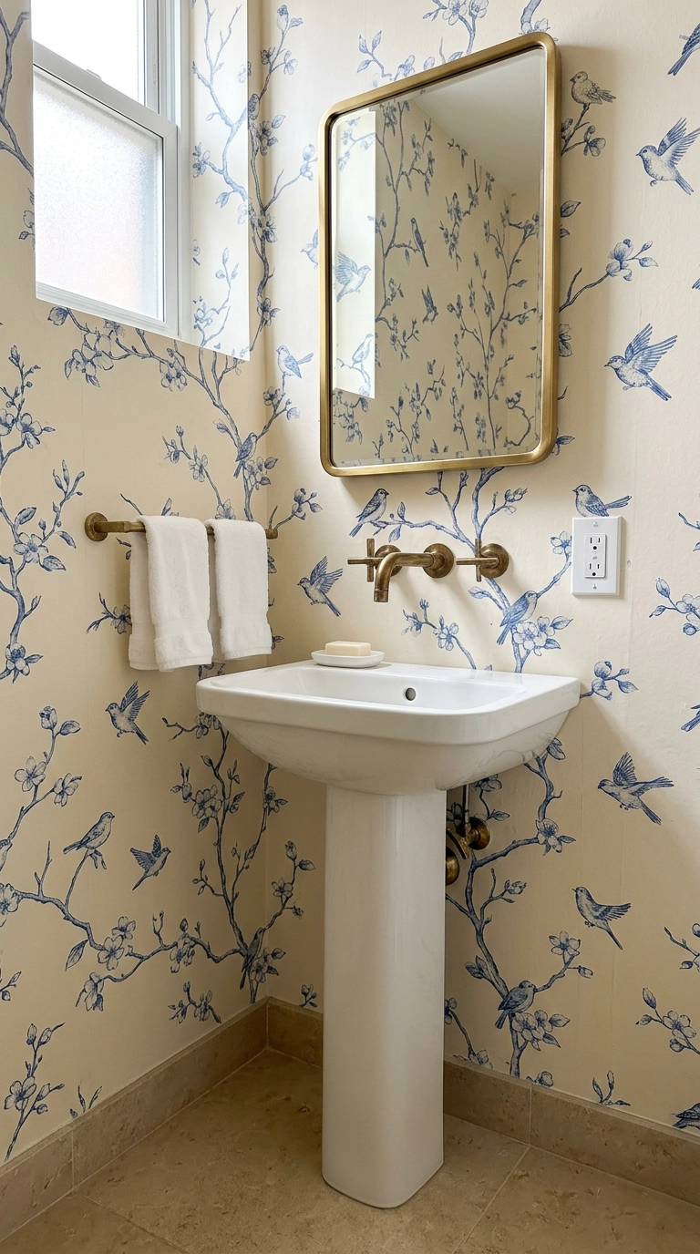 Cobalt branch-and-bird peel-and-stick chinoiserie wallpaper in a small rented powder room