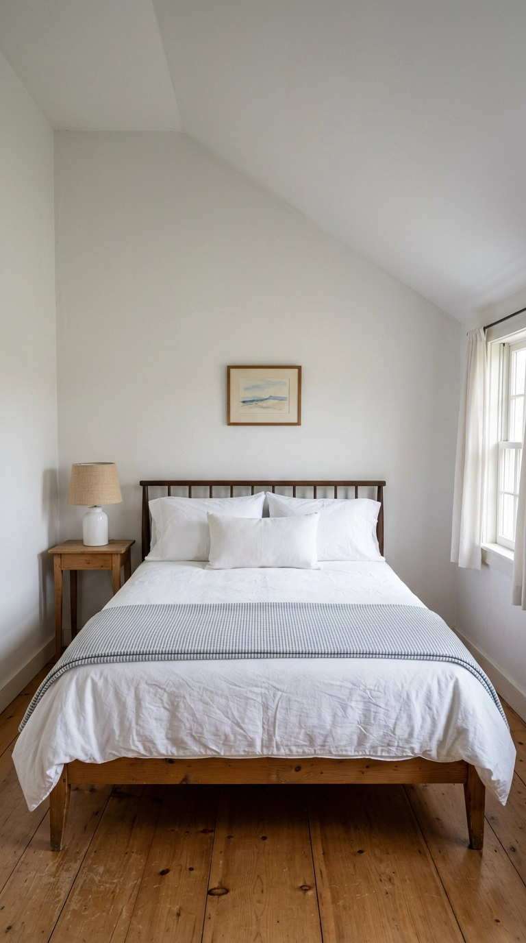 Faded blue ticking stripe coverlet folded on a crisp white bed under a sloped ceiling
