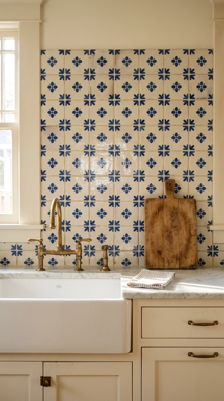 Hand-painted cobalt and white flower-motif backsplash tile above a marble counter