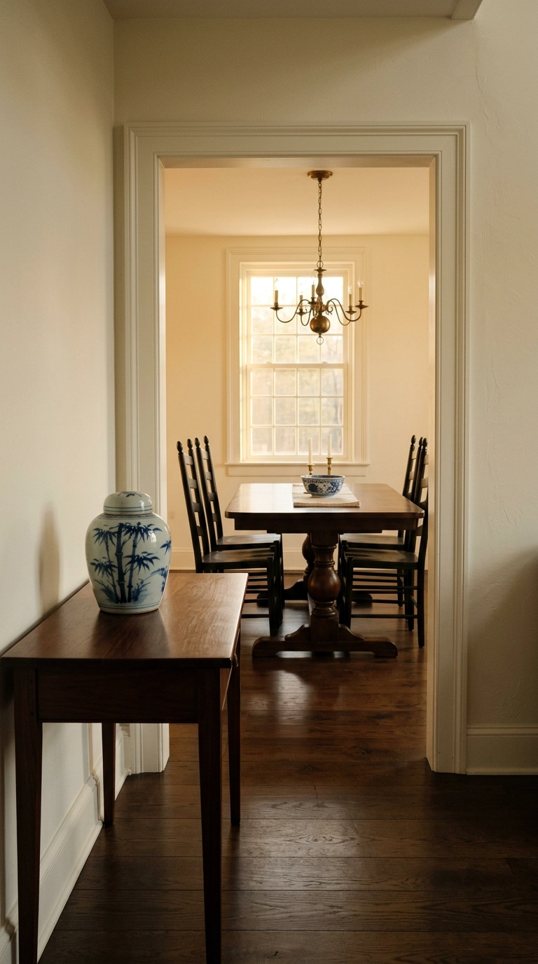 Blue and white porcelain in a hallway and dining room seen through a cased doorway