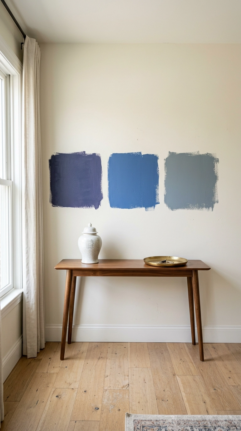 Three blue paint swatches brushed directly onto a creamy off-white living room wall