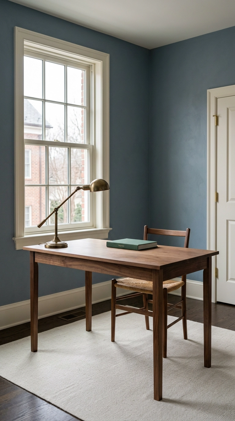Warm denim blue walls in a north-facing office with a walnut desk and brass lamp