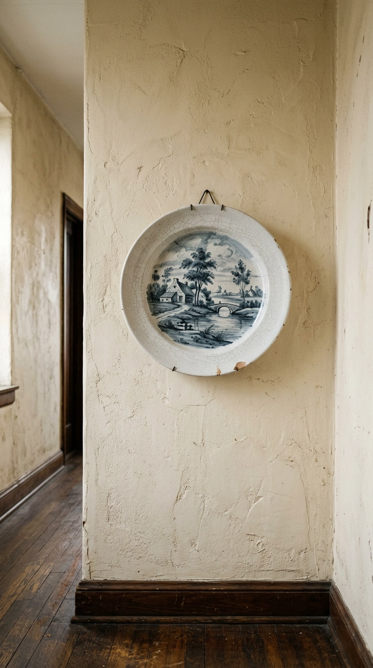 Single antique Delft charger plate with glaze crazing hung alone on an ivory plaster wall