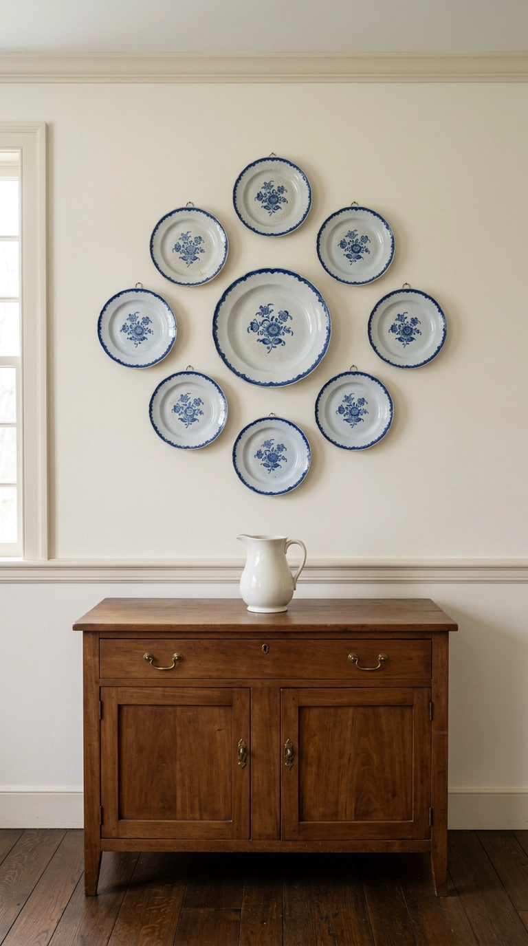 Nine antique blue and white plates in a loose diamond on a creamy white dining wall