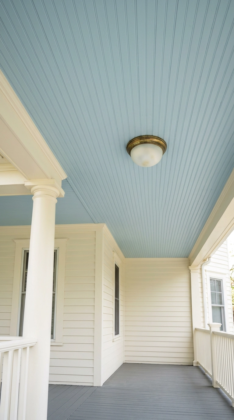 Pale sky blue beadboard porch ceiling above creamy white walls and a brass dome light