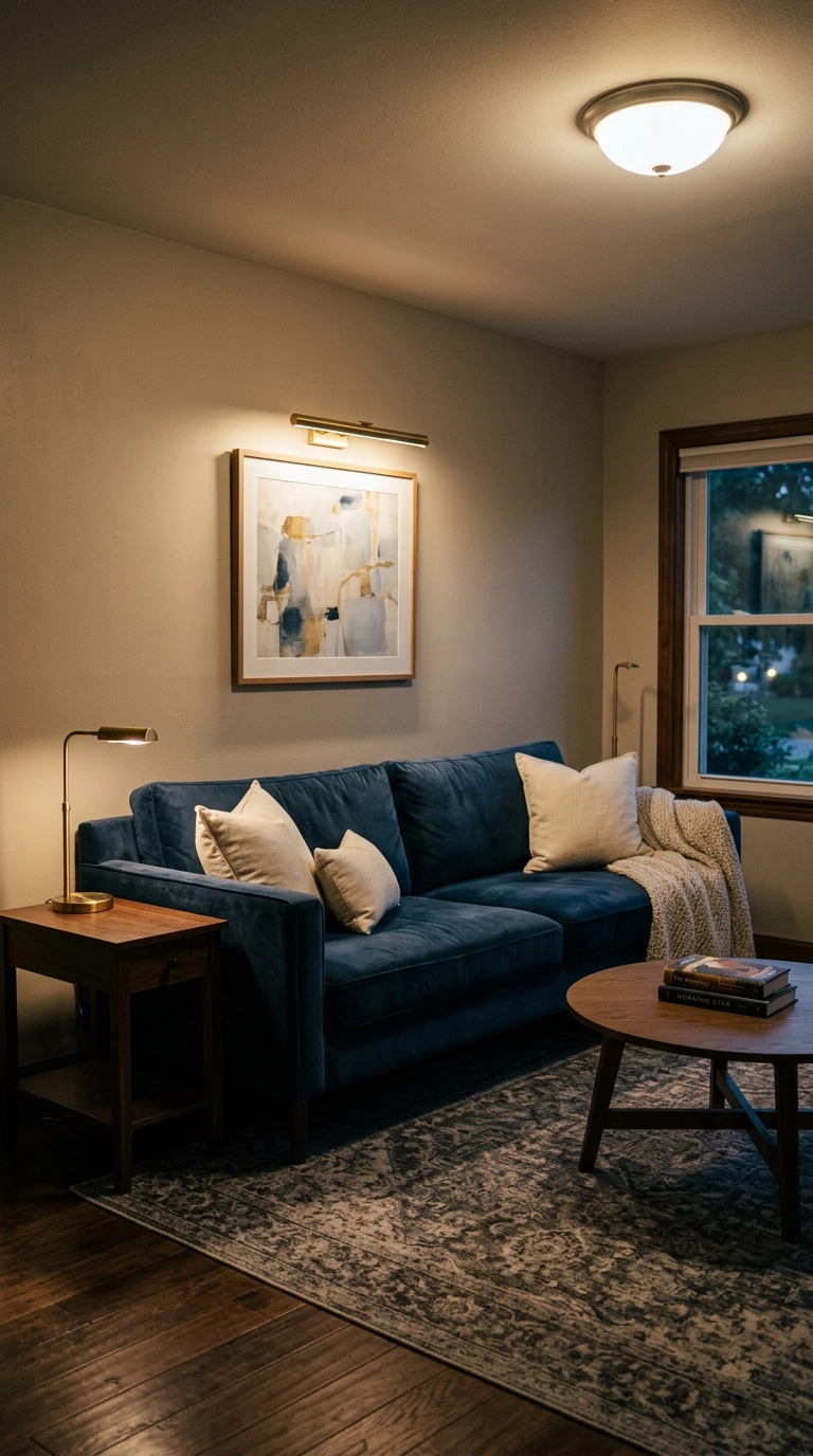 Indigo blue velvet sofa lit by layered ceiling, table, and picture lighting in a warm evening living room