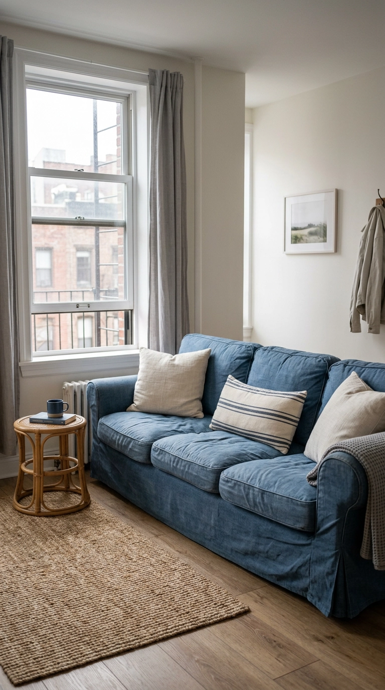 Sofa in a washed denim blue cotton slipcover with cream linen pillows