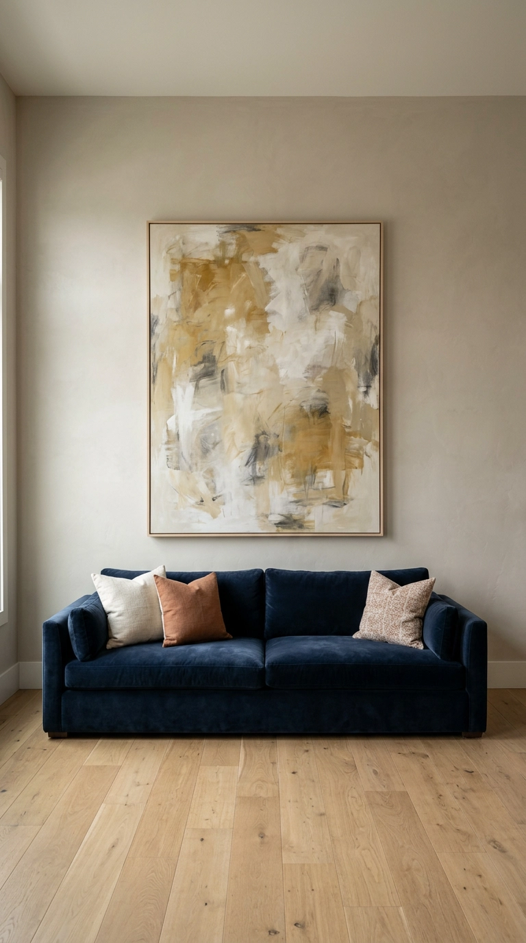 Large abstract canvas in ochre and charcoal hung above a deep navy velvet sofa