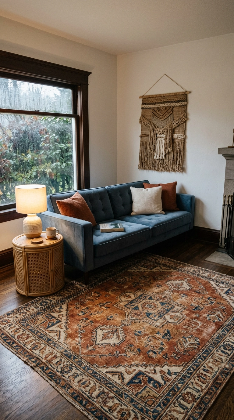 Slate blue tufted sofa anchored by a faded vintage Turkish rug in rust and ochre tones
