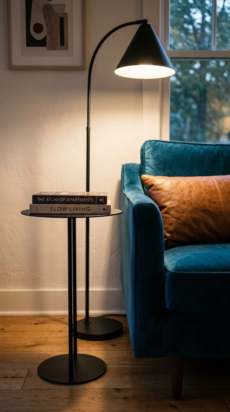 Matte black metal side table and arc floor lamp beside a teal velvet sofa