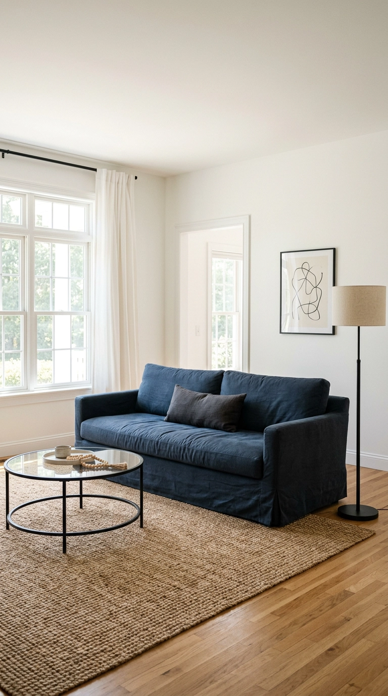 Navy blue slipcovered sofa against crisp white walls with black and natural wood accents in a bright airy living room