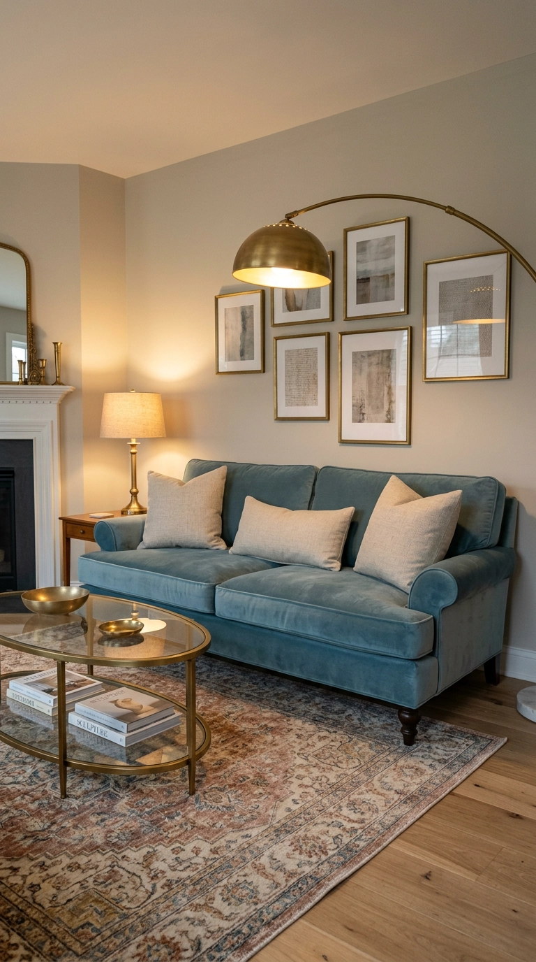 Teal blue velvet sofa styled with unlacquered brass lamp, frames, and glass coffee table in warm greige living room