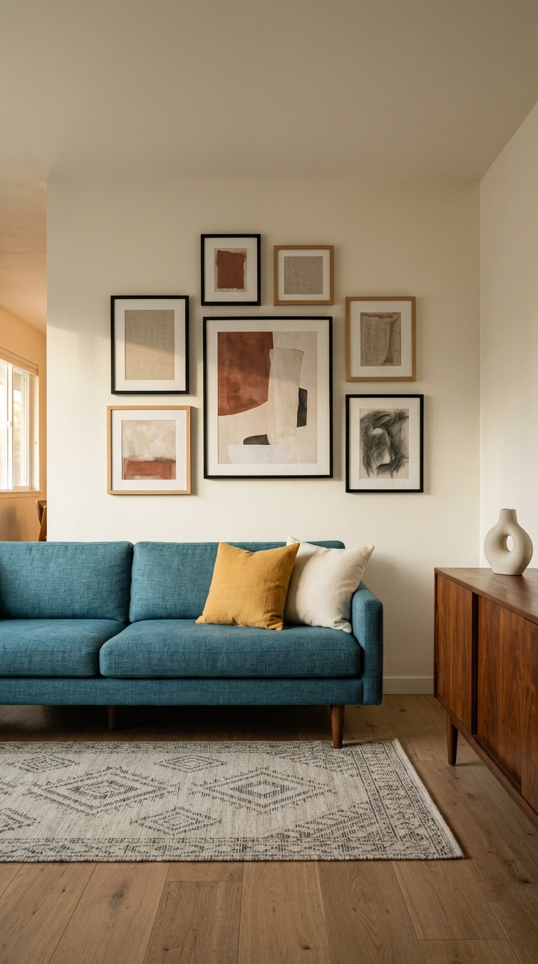 Teal blue mid-century sofa beneath a mixed-frame gallery wall of abstract art in muted rust and charcoal