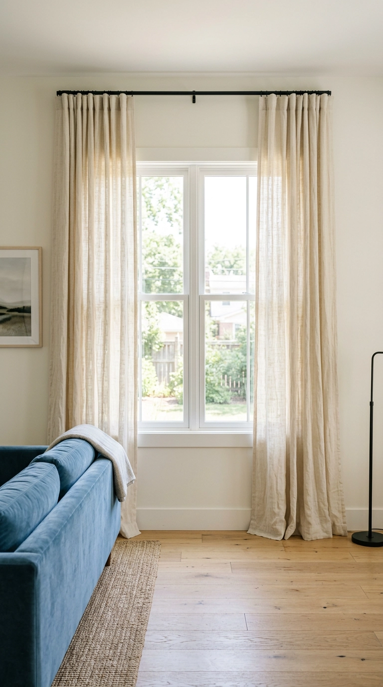 Cream linen curtains mounted near the ceiling and extending past the window frame