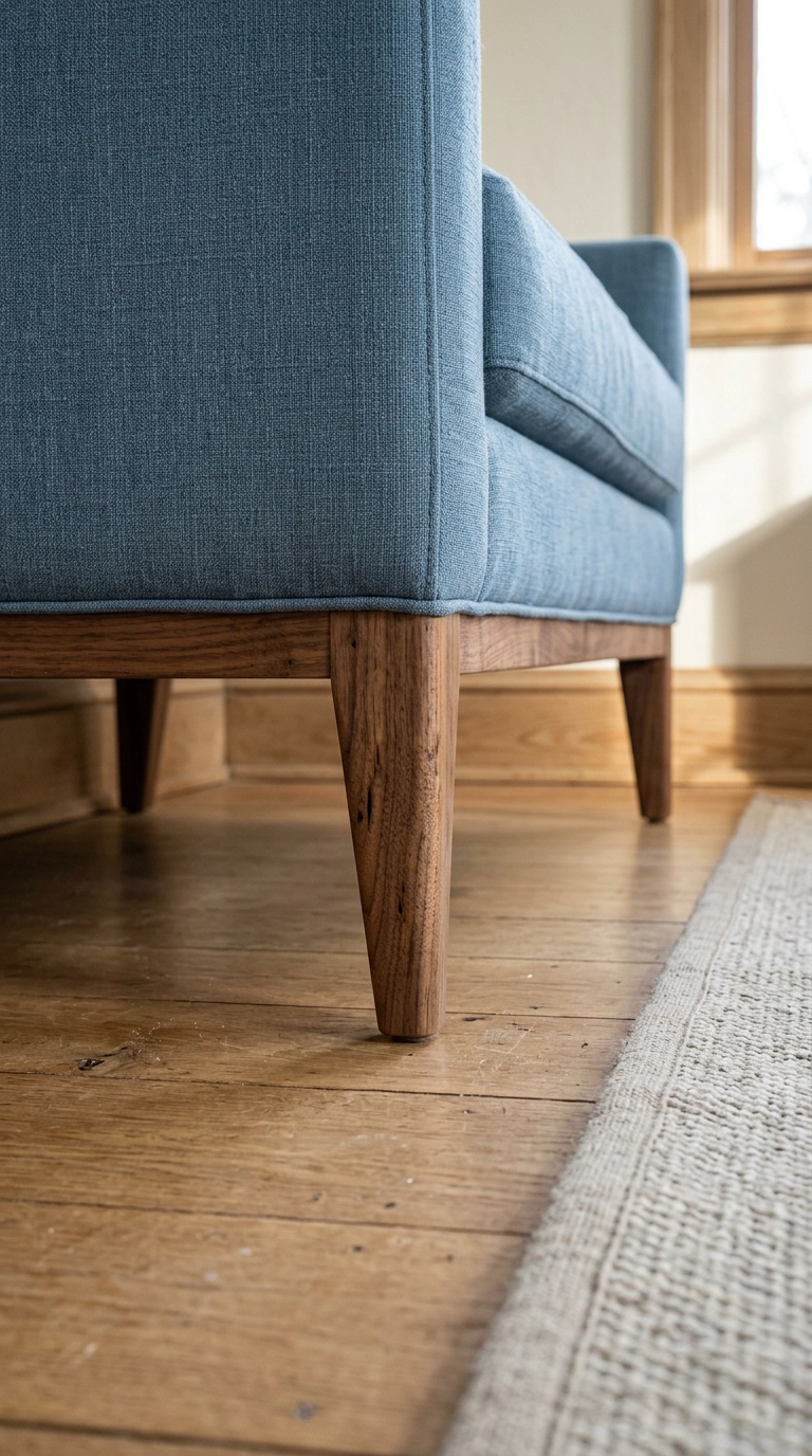 Tapered walnut legs on a dusty blue linen sofa above white oak floors
