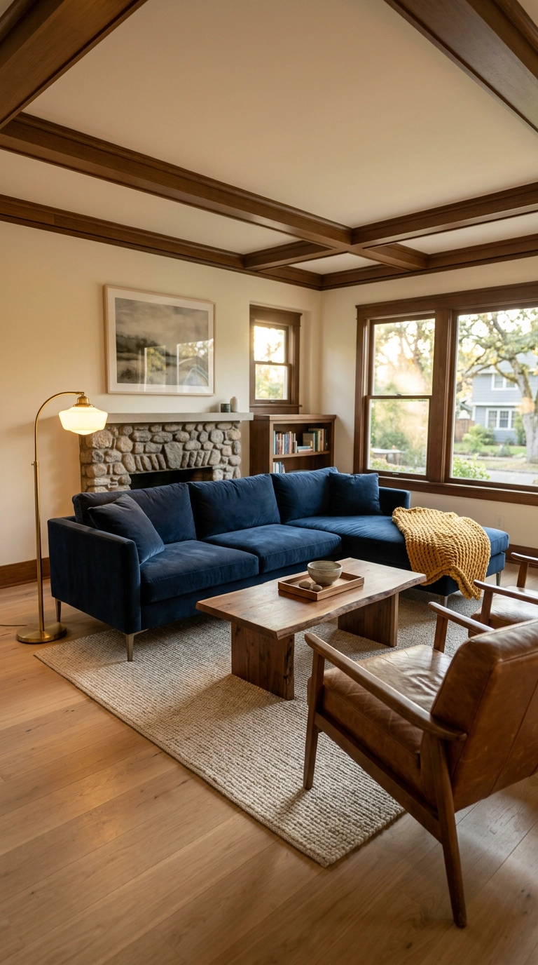 Navy blue velvet sectional sofa paired with cognac leather chairs and walnut coffee table in a warm cream living room
