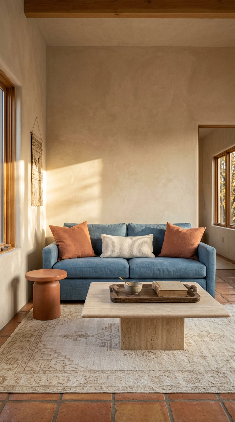 Mid-blue linen sofa with terracotta pillows against limewash plaster walls