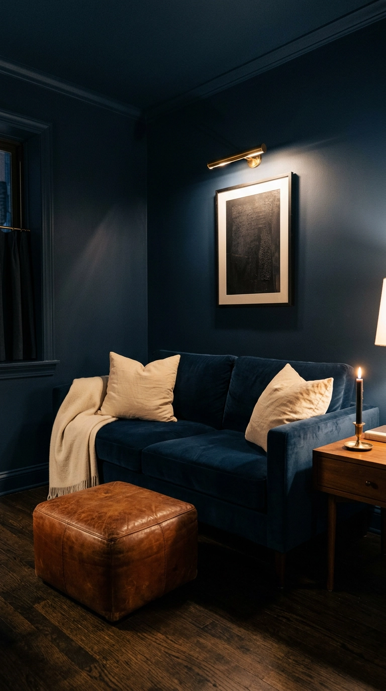 Deep navy sofa in a color-drenched navy living room with matching walls ceiling and trim, warmed by cognac leather