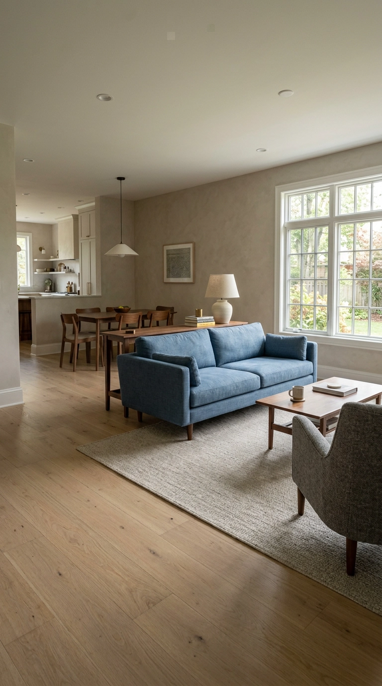 Mid-blue linen sofa floating away from the wall with a walnut console behind it