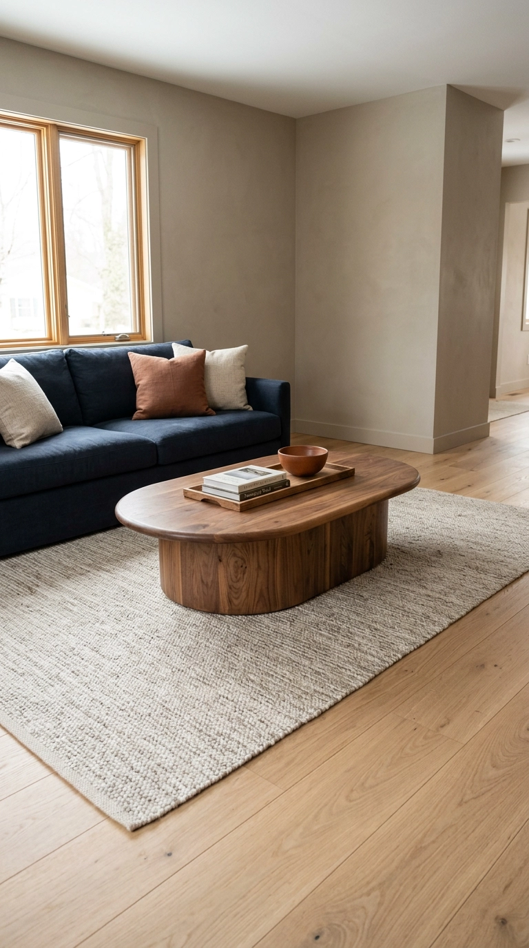Deep navy linen sofa with a large oval walnut coffee table on white oak floors
