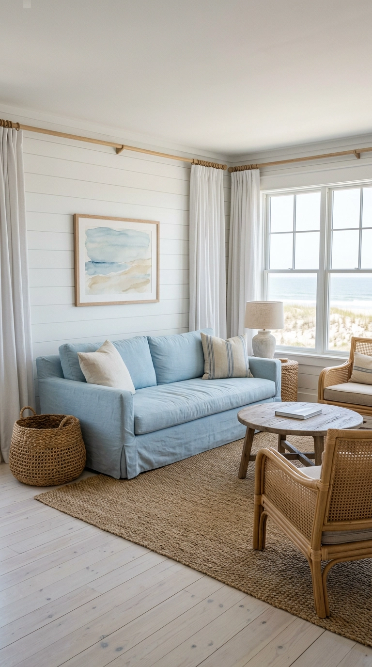 Light sky blue slipcovered sofa with rattan cane chairs and seagrass rug in a white shiplap coastal living room