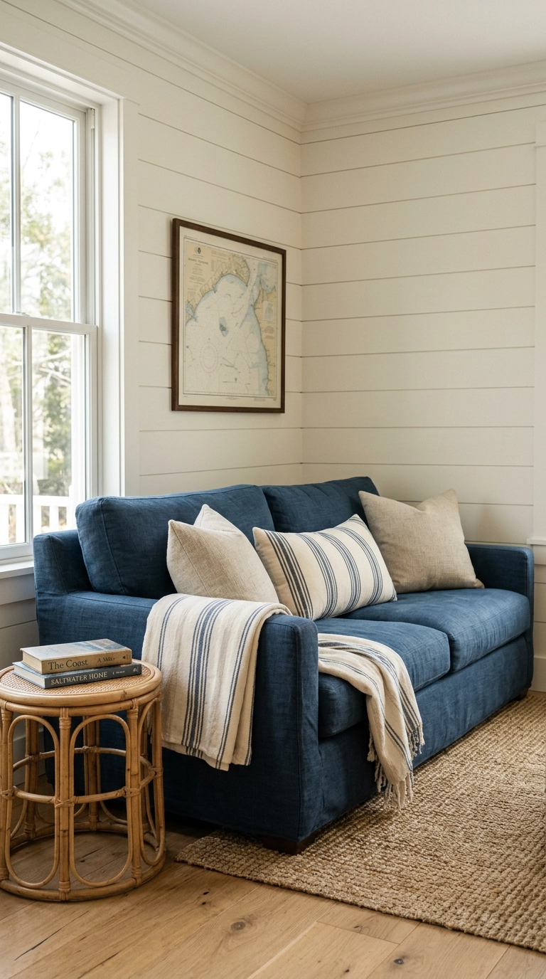 Deep blue sofa with a cream and navy striped lumbar pillow and matching throw