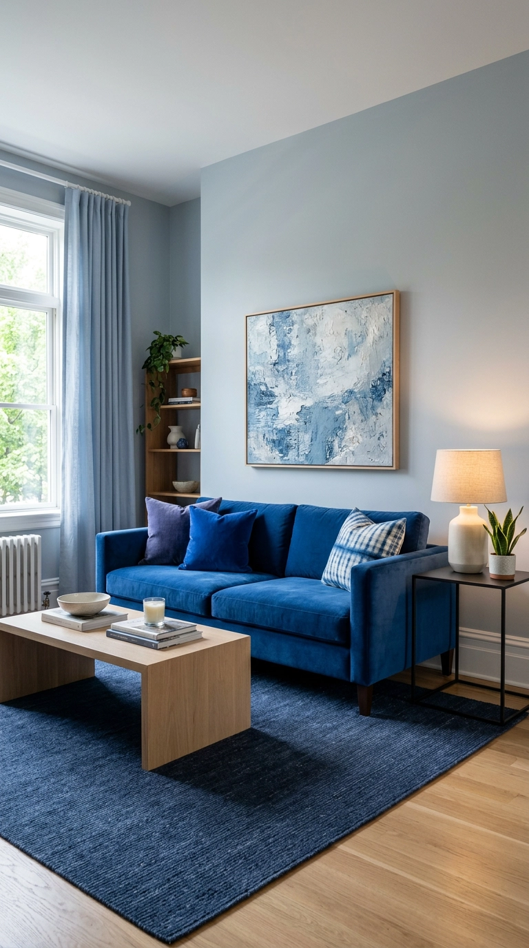 Royal blue sofa with tonal blue layering through curtains, pillows, rug, and soft blue-grey walls