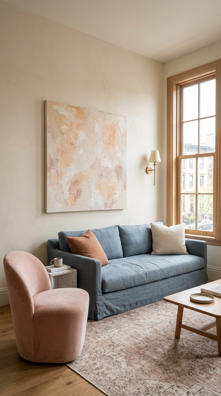 Dusty blue linen sofa with blush pink curved accent chair and soft ivory plaster walls in a bright apartment living room