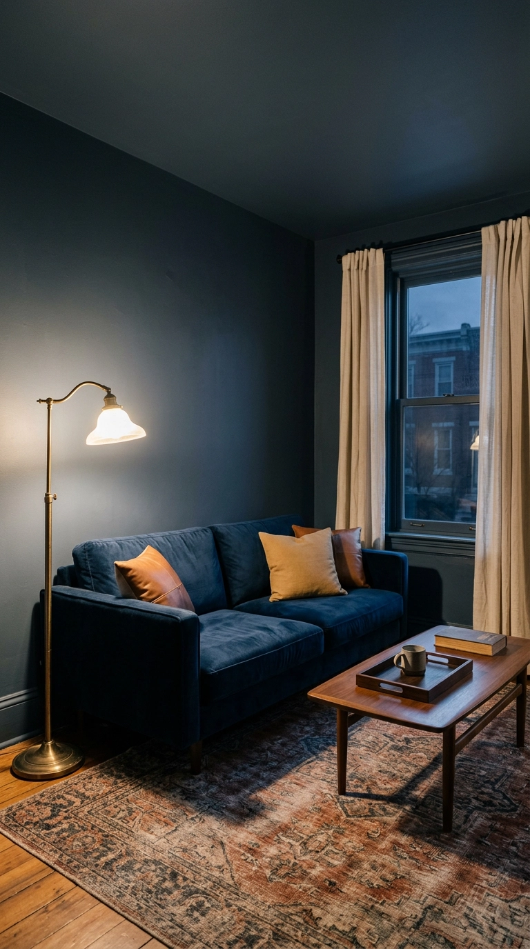Deep navy velvet sofa against matte charcoal blue walls in a moody living room