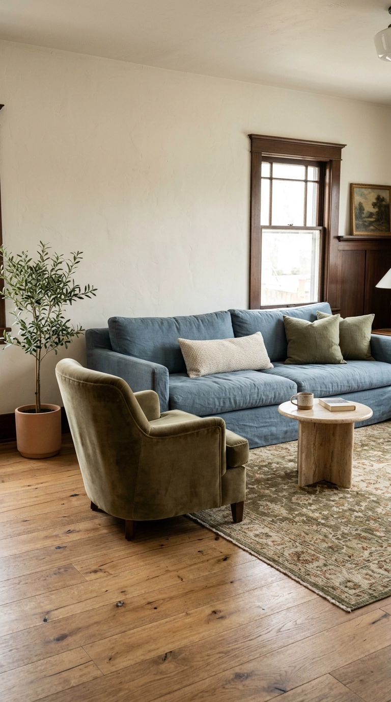 Dusty blue sofa with olive green pillows and an olive velvet armchair