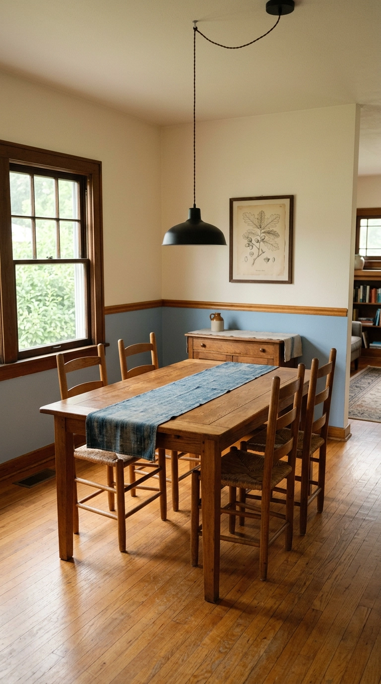 Dining room wall painted French blue below a chair rail with cream above, oak farmhouse table
