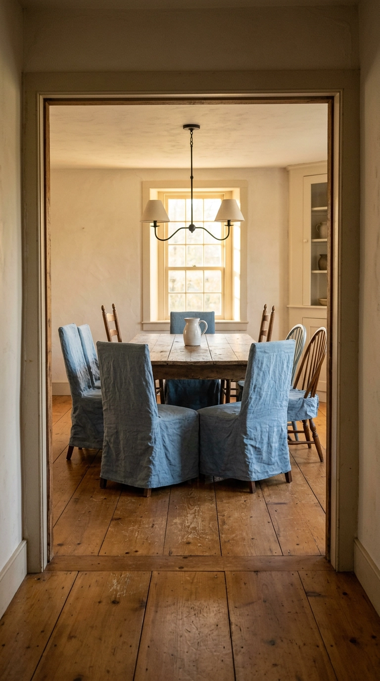 Six mismatched dining chairs in matching chambray blue linen slipcovers around a farmhouse table