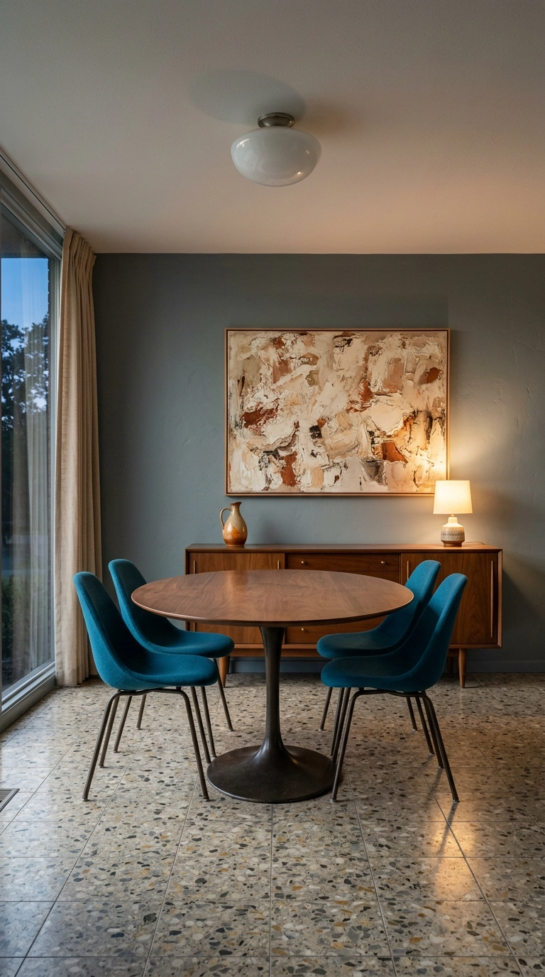 Grey-blue dining room walls with teal wool mid-century chairs and a walnut tulip table