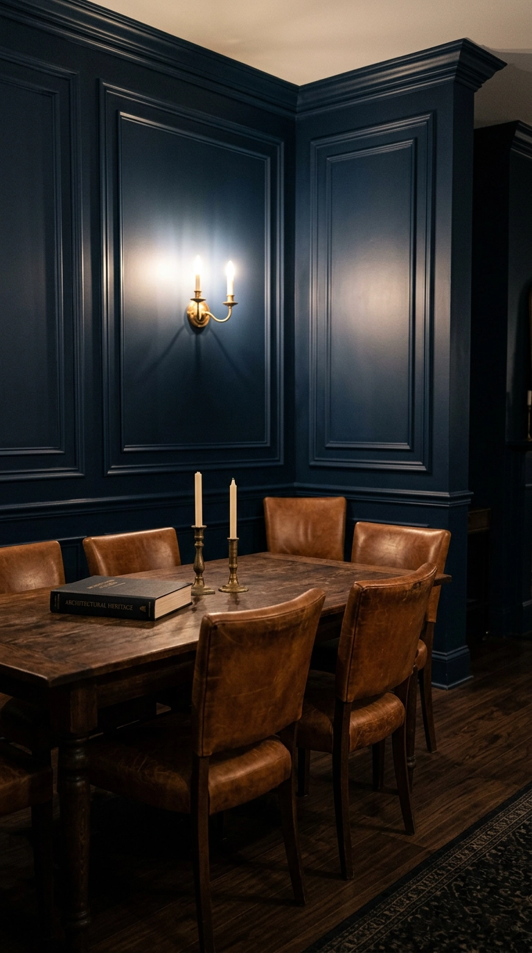 Navy picture-frame molding wall in a dark dining room with cognac leather chairs and brass sconce