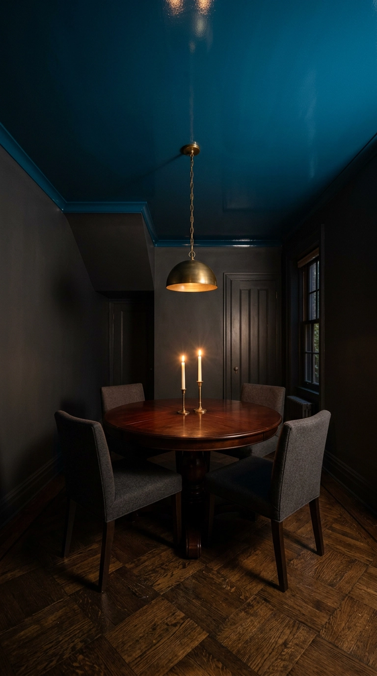 High-gloss peacock blue lacquered ceiling above a dark charcoal dining room with candlelight