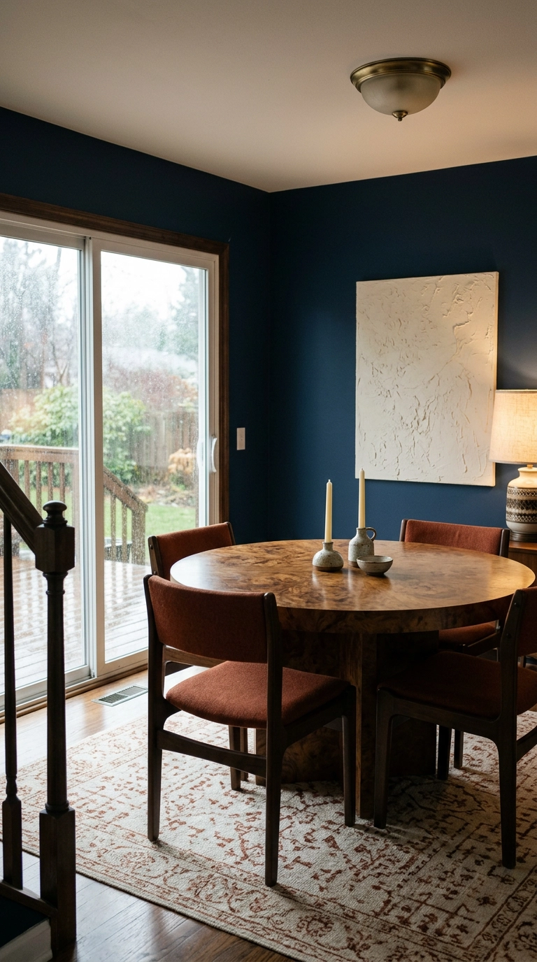 Navy dining room walls with terracotta rust wool chairs and a round burl wood table