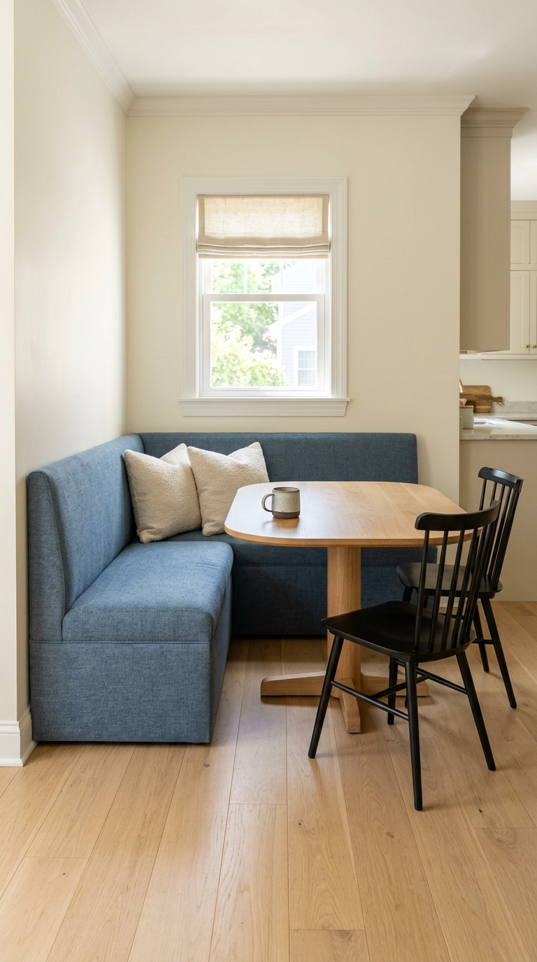 Denim blue upholstered corner banquette with oak table and black chairs in a breakfast nook