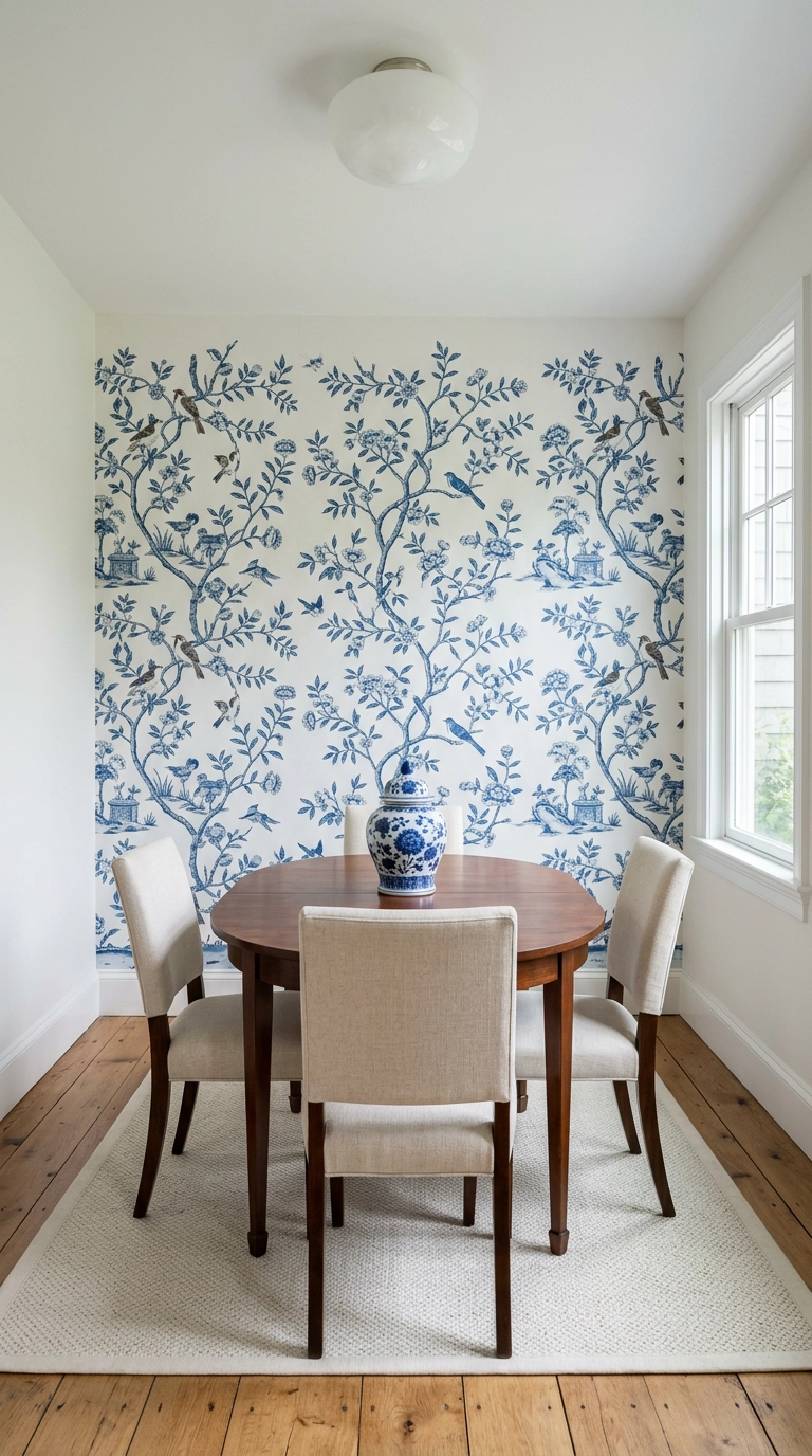 Blue and white chinoiserie wallpaper accent wall behind a mahogany dining table with cream chairs