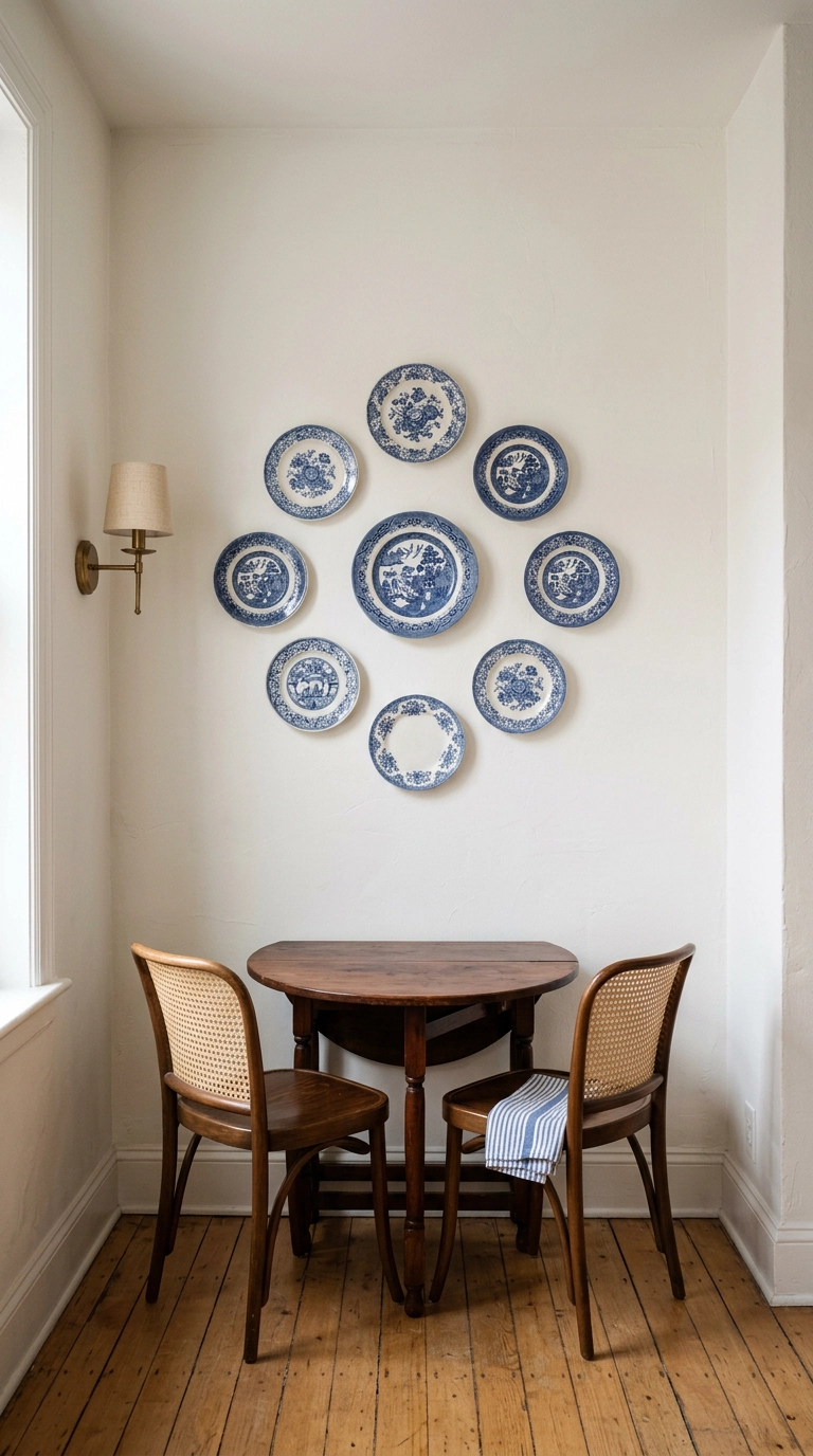 Blue and white ceramic plates arranged on a dining nook wall above a cherry drop-leaf table
