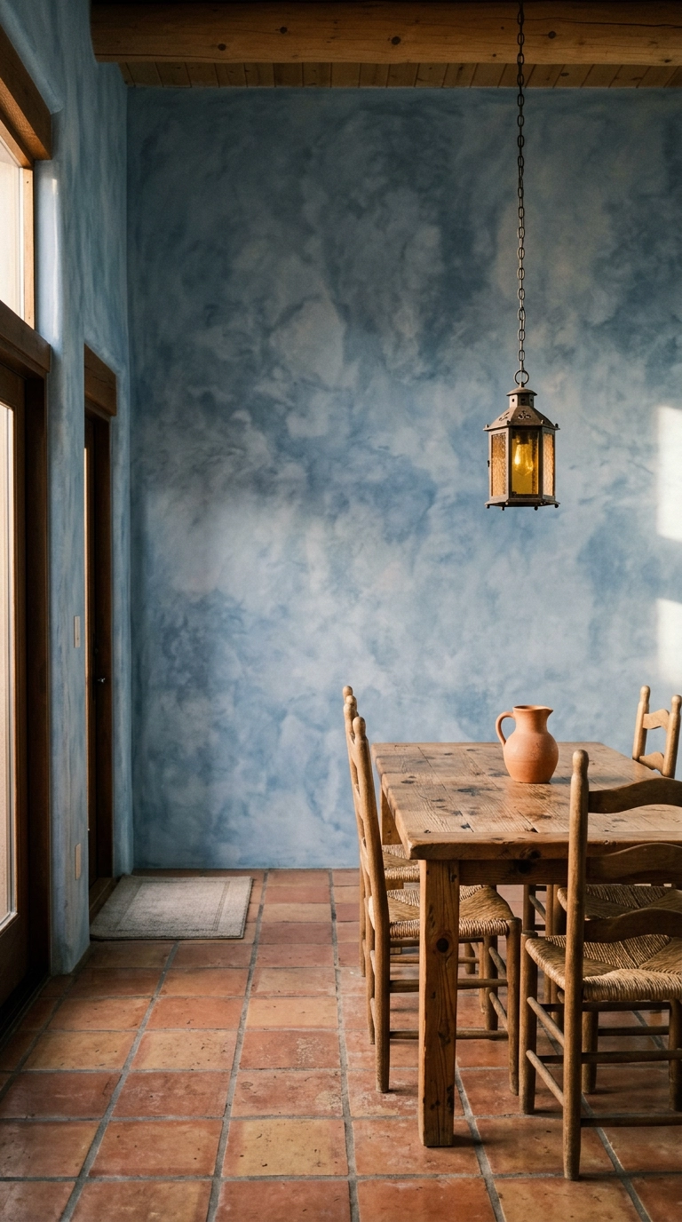 Soft denim blue limewash plaster dining room wall with reclaimed pine table and rush seat chairs