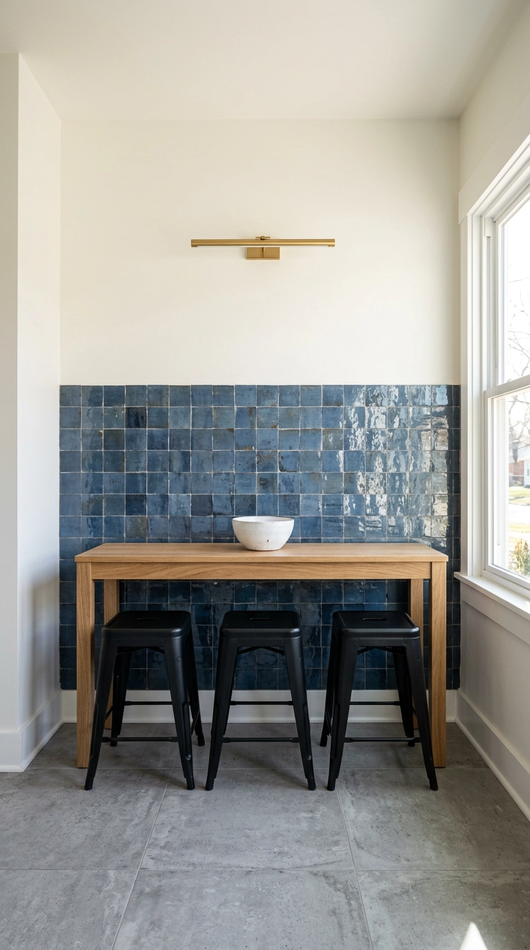 Denim blue zellige tile wainscot behind a narrow white oak dining table with black stools