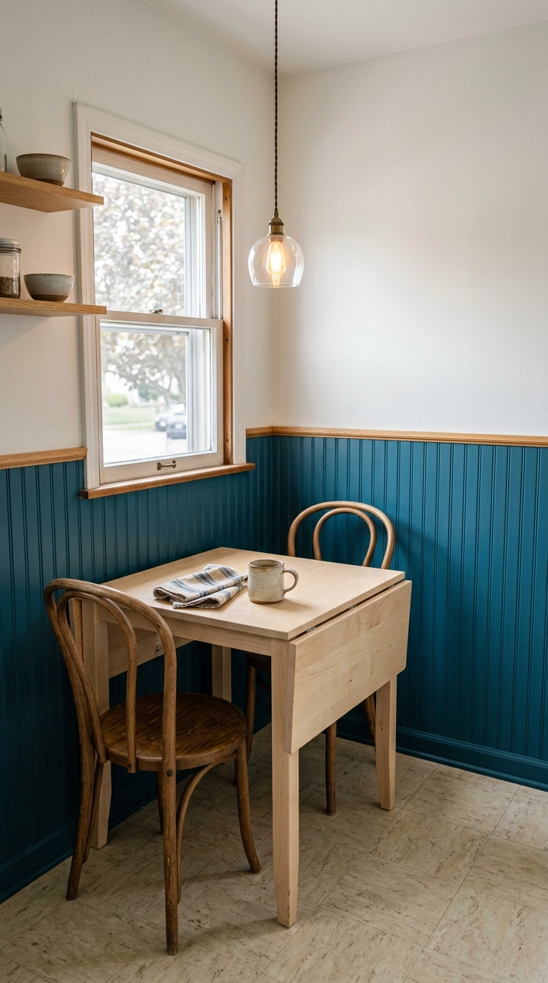 Deep teal beadboard half wall in a small dining nook with a birch drop-leaf table