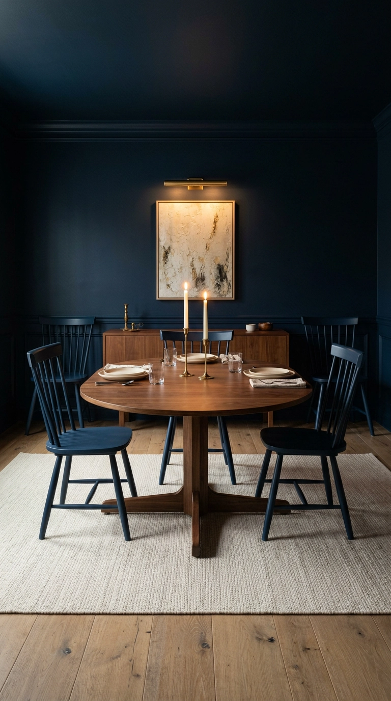 Dining room with walls, trim, and ceiling painted the same deep navy blue, walnut table and brass picture light