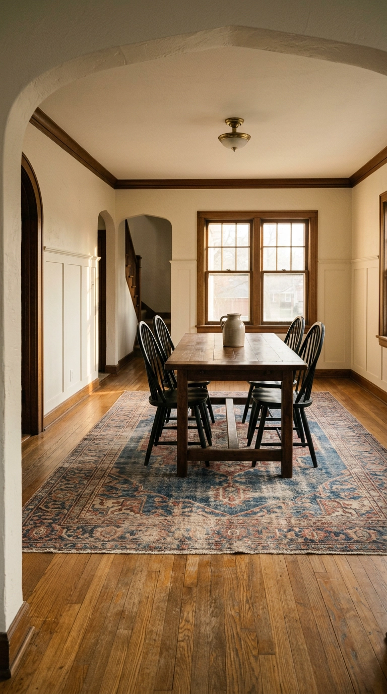 Faded indigo Persian rug under a walnut trestle dining table with black windsor chairs