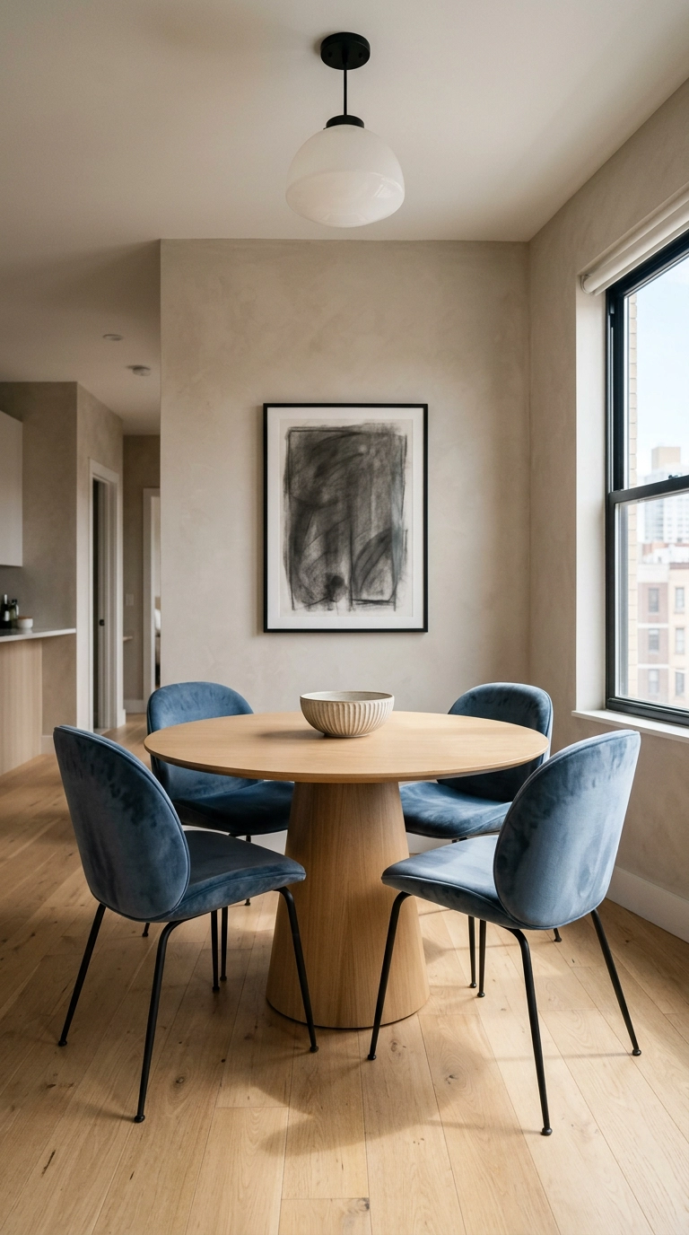 Four sapphire blue velvet dining chairs with black legs around a round white oak table