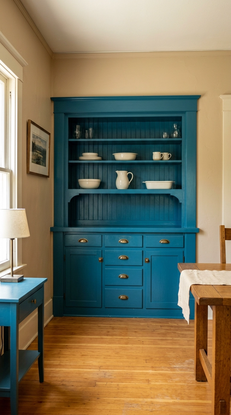 Built-in dining room hutch painted saturated peacock blue with brass knobs and white ceramics