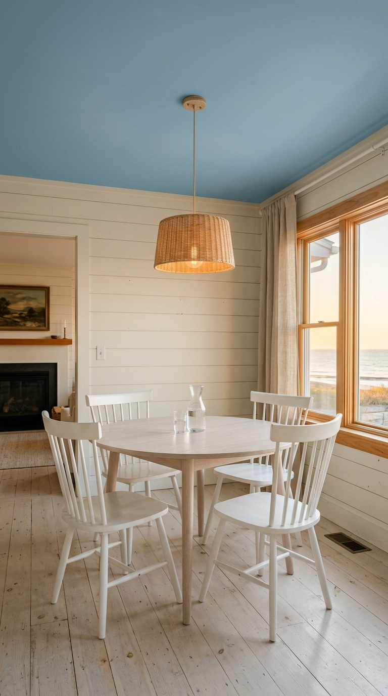 Dining room with a soft sky blue painted ceiling above white shiplap walls and a rattan pendant